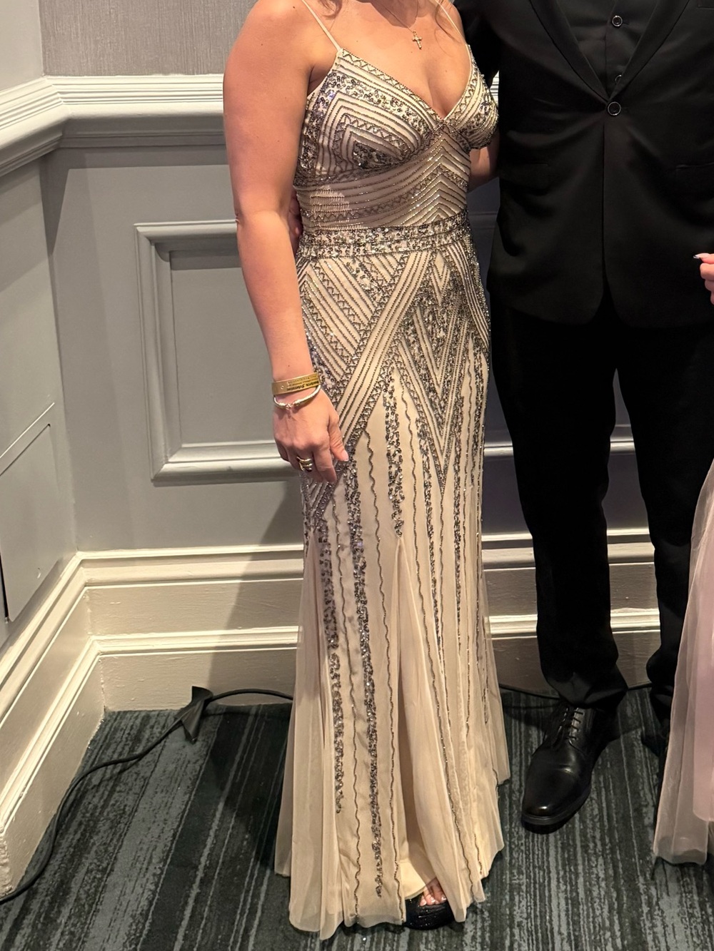 MARINA Beaded Champagne and Silver formal Evening Gown